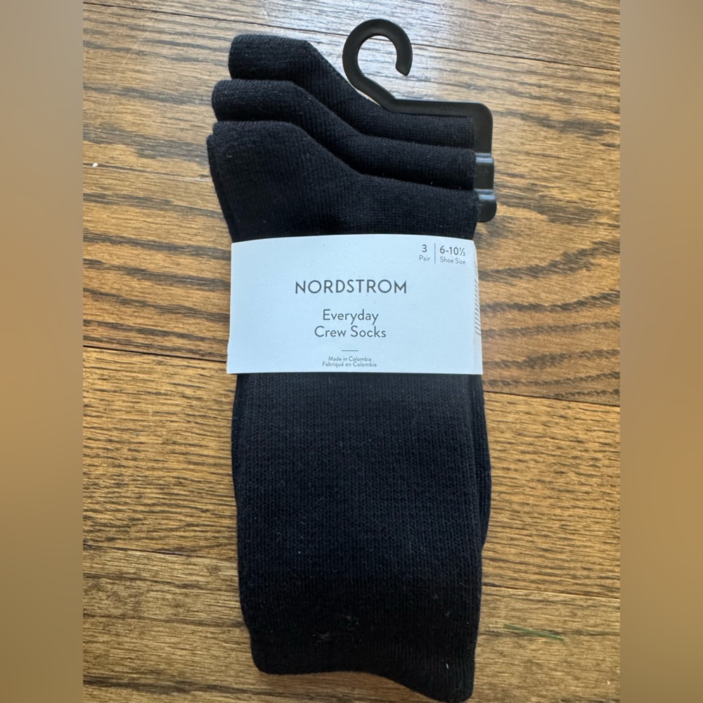 Nordstrom Everyday Crew Socks 3-Pack Black NWT Size 6–10.5 Cotton Blend